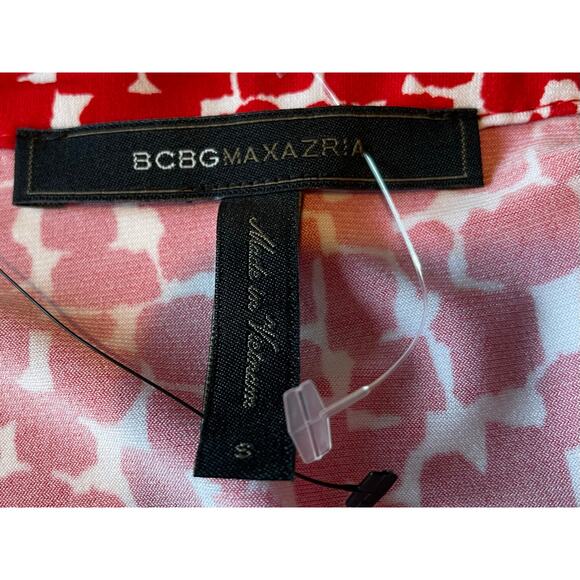 BCBGMaxAzria Faux Wrap Dress NWOT Abstract Red White V-Neck Stretch Sz S Career - Picture 2 of 8